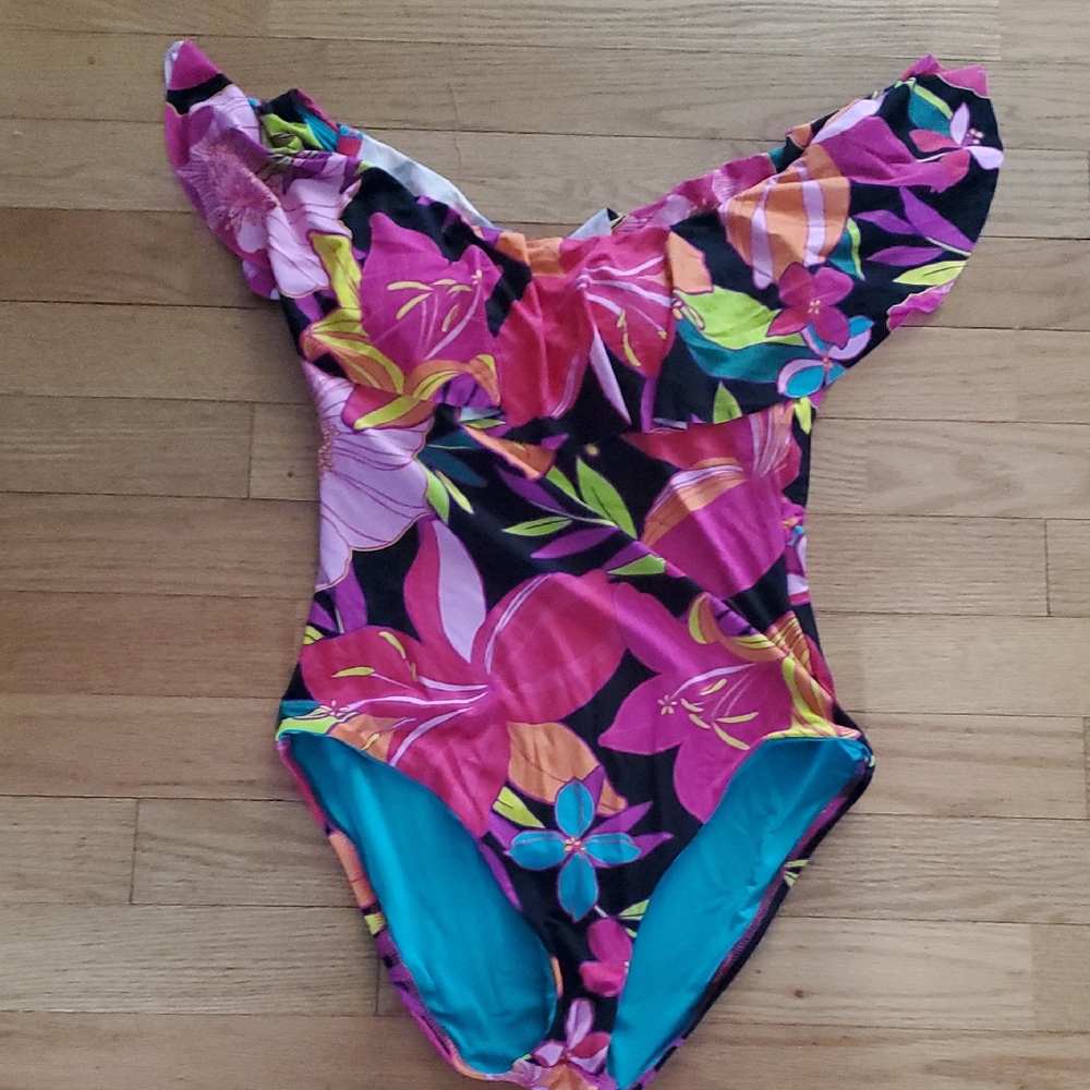 Trina Turk Pink and Blue One Piece Swimsuit with Ruffled Neckline